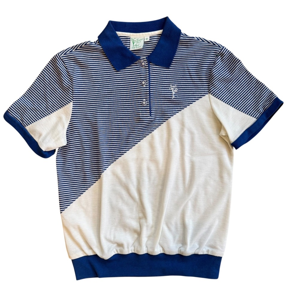 Lilys of Beverly Hills Vintage Striped Colorblock Polo Shirt Blue White 4247 P